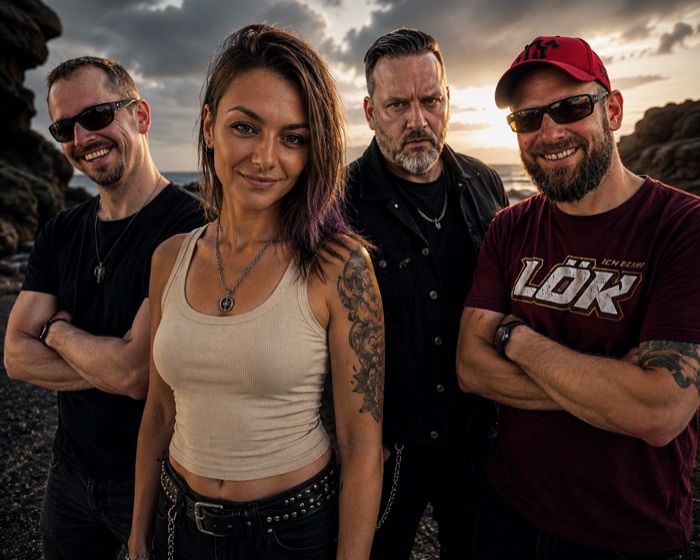 Die Band an der Küste bei Sonnenuntergang